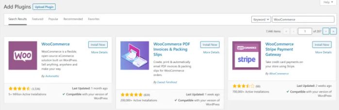 Instala el complemento WooCommerce en tu sitio web de WordPress.